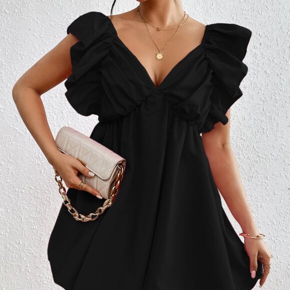 Ruffled V-Neck Cap Sleeve Mini Dress - Picture 1 of 9